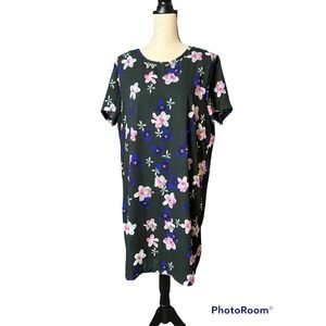 Alison Andrews Short Sleeve Dress in Black with Multicolored Floral Print, Sz XL